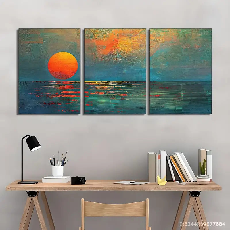 3pcs Emerald Green Tone Art, Sunset Over The Ocean Metal Print Ready to Hang Art