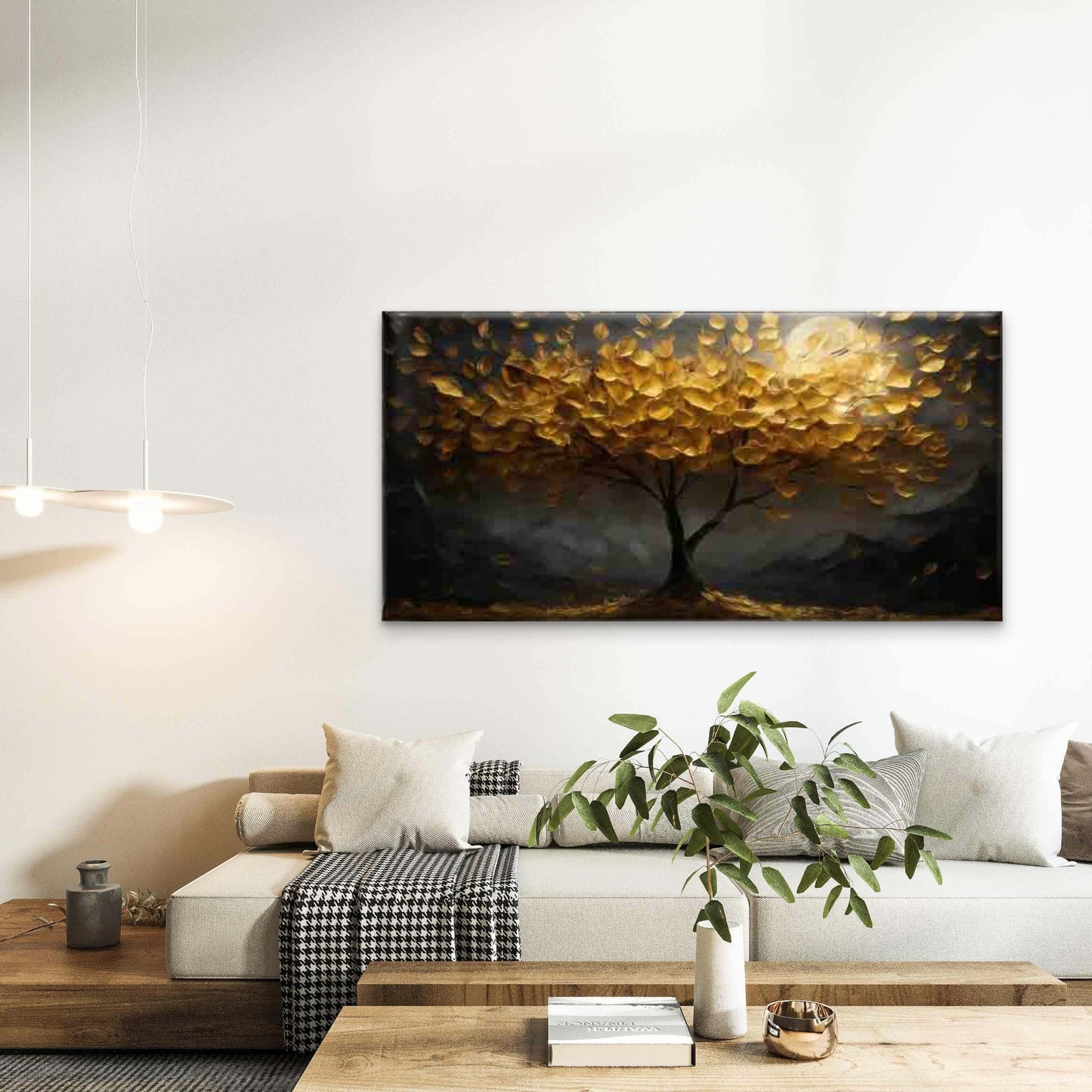 Golden Tree Under Moonlight Wall Art Canvas Office Home Room Framed 120x60cm - Bella Home Decor