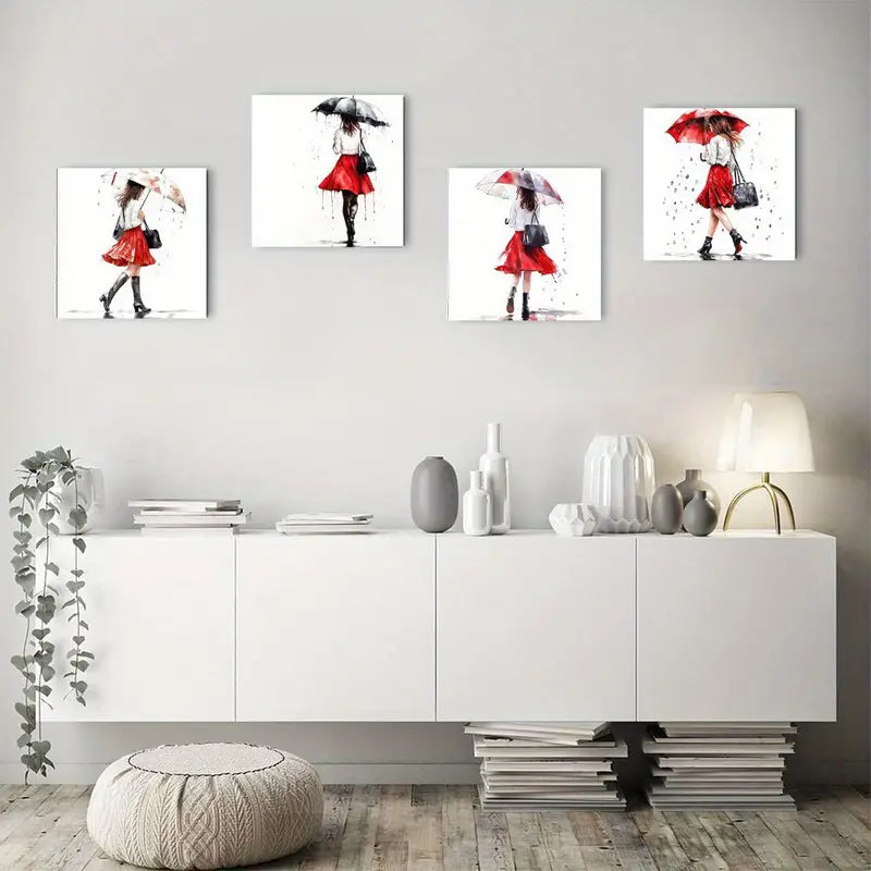 4pcs Girl With Red Umbrella Picture Wall Art Canvas Framed