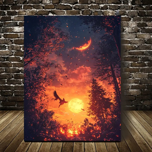 Wolf Swinging From Trees At Glowing Sunset 40x60cm Metal Print Ready to Hang - Bella Home Decor