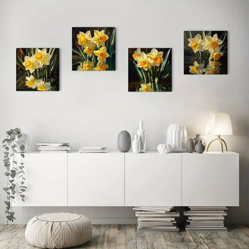 4pcs Daffodils On Water Floral Decor, Vibrant Ye Wall Art Canvas Framed