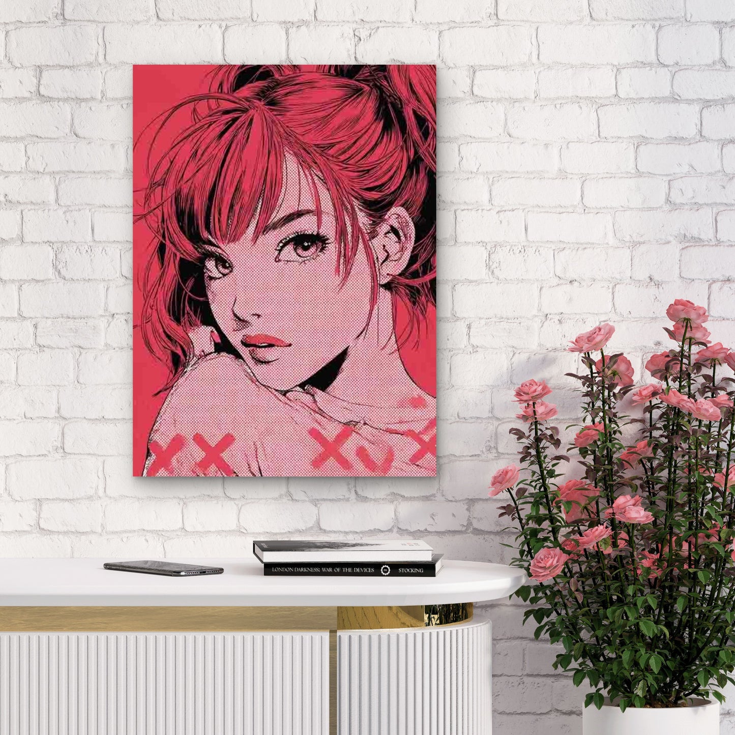Manga Style Girl With Red Highlights 60x90cm Metal Print Ready to Hang - Bella Home Decor