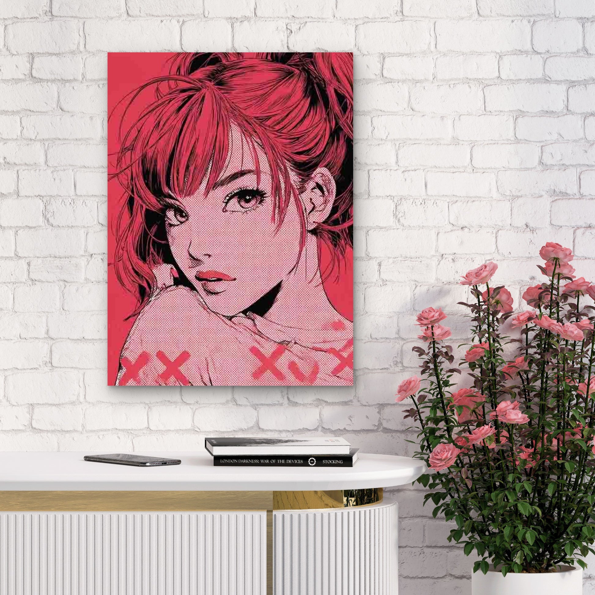 Manga Style Girl With Red Highlights 60x90cm Metal Print Ready to Hang - Bella Home Decor