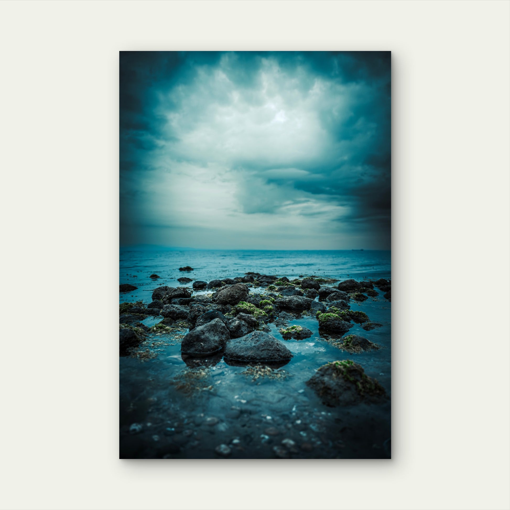 Dark Moody Ocean Stormy Sky Mossy Rock 40x60cm Metal Print Ready to Hang