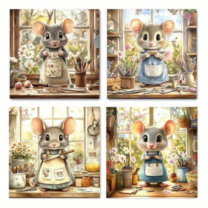 4pcs Field Mouse Lady Elegant Wall Art Canvas Framed