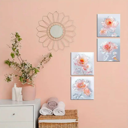 4pcs White Rose Flower Wall Art Floral Pictures Wall Art Canvas Framed