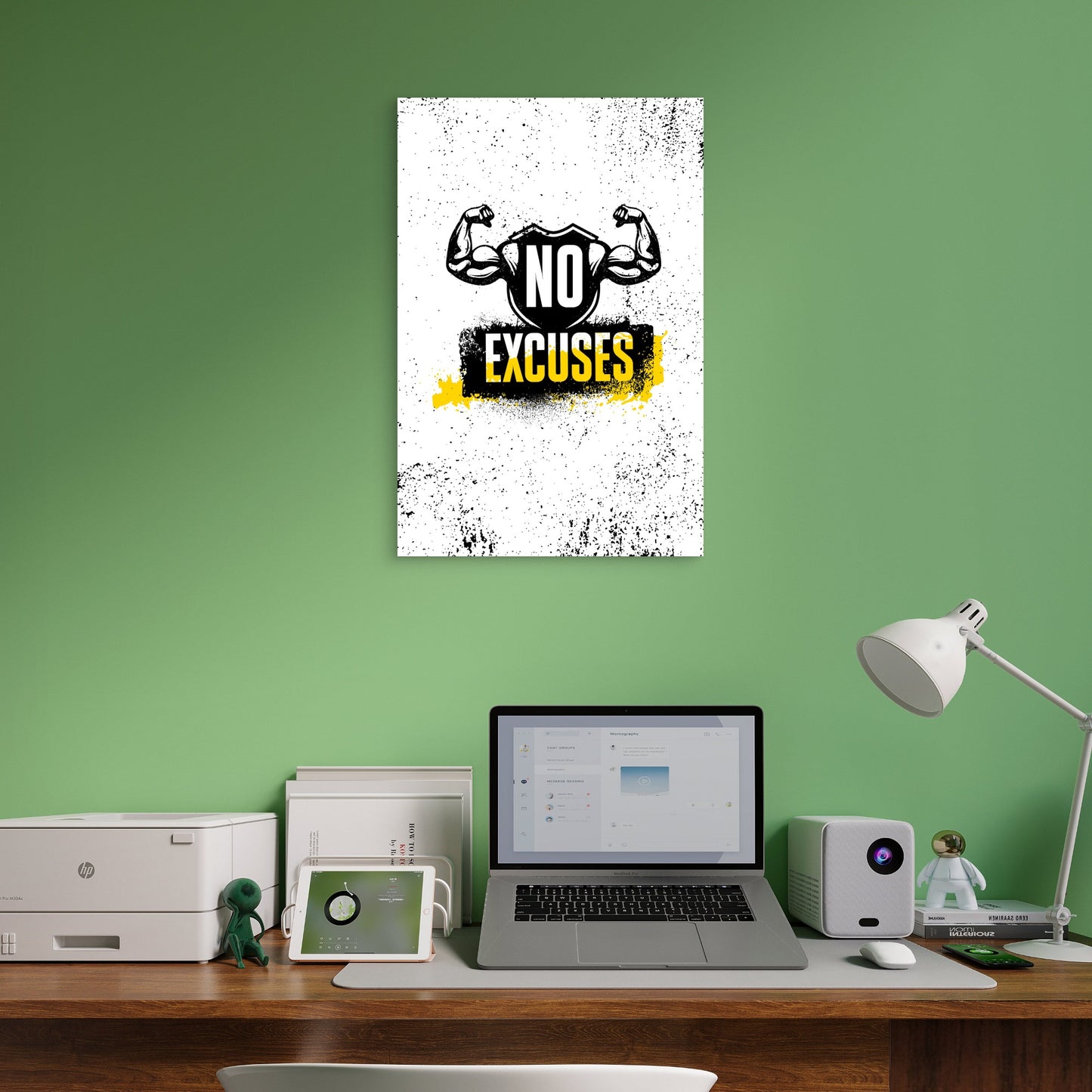 No Excuses Motivational Quote Shield Biceps Muscle Gym Fitness Black White Yellow 5mm thick Plastic Poster Ready to Hang 90x60cm