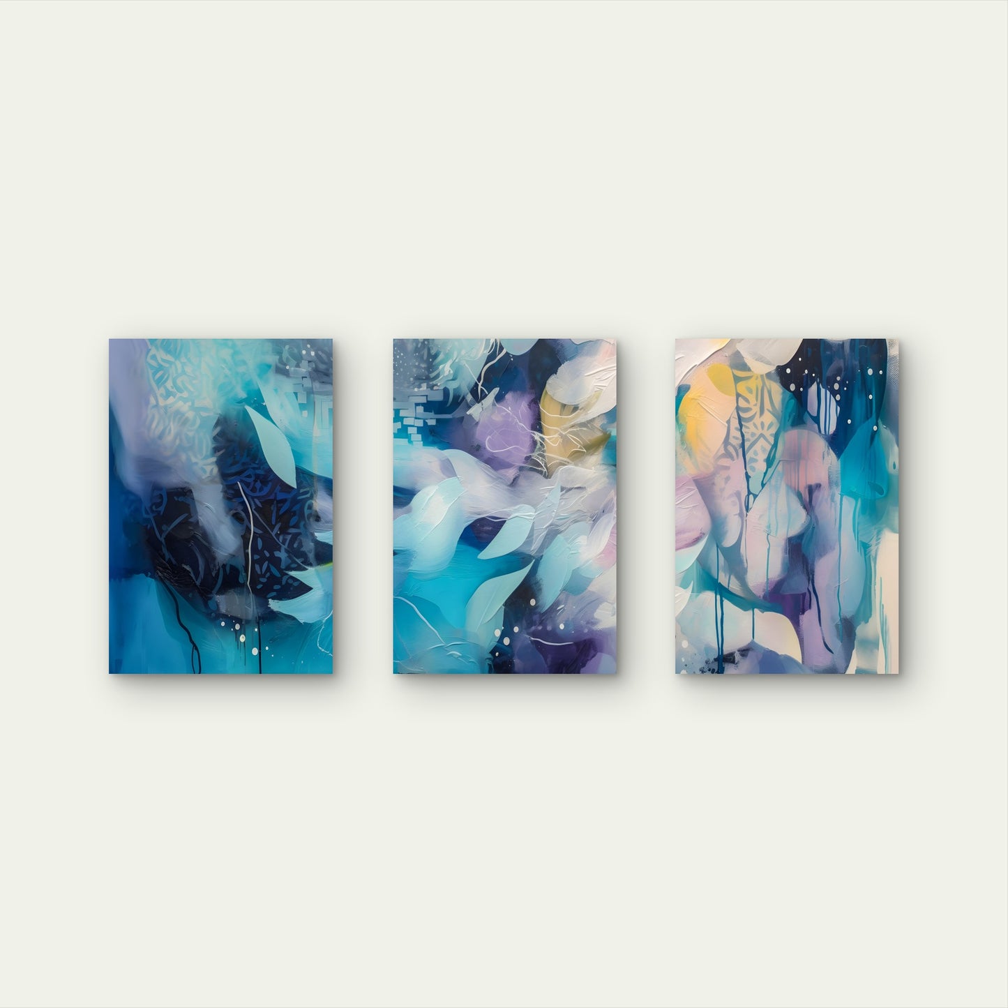 3pcs Abstract Indigo Teal Lavender Floral Shapes  Wall Art Set Canvas Framed 40x60cm - High Quality Print 100% Australian Made Wall Canvas Ready to Hang