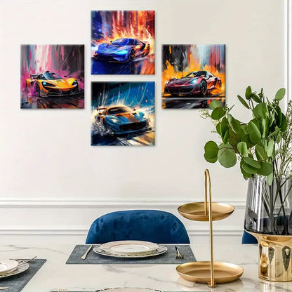 4pcs Orange, Blue,  Red & Black Racing Cars  Wall Art Canvas Framed