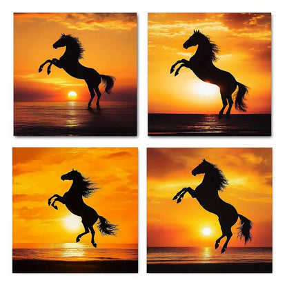 4pcs Galloping Horse At Sunset  Wall Art Canvas Framed