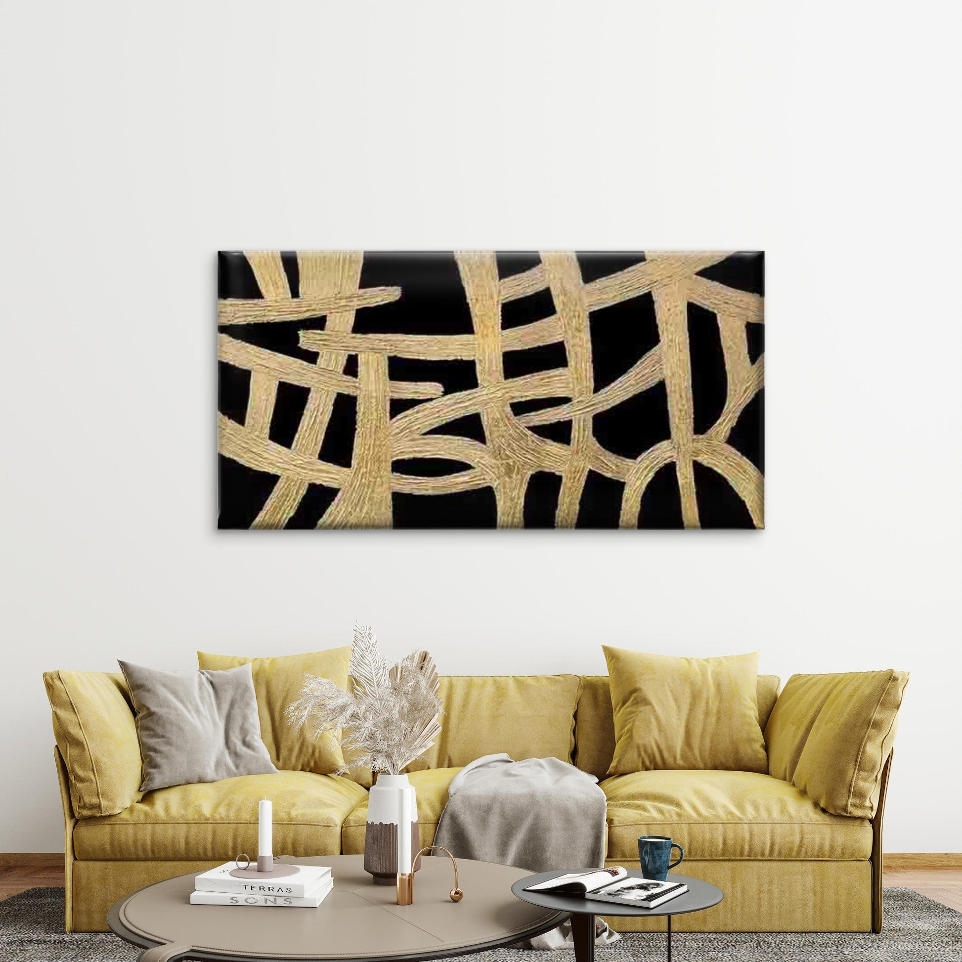 Golden Threads Woven Wall Art Canvas Office Home Room Framed 120x60cm - Bella Home Decor
