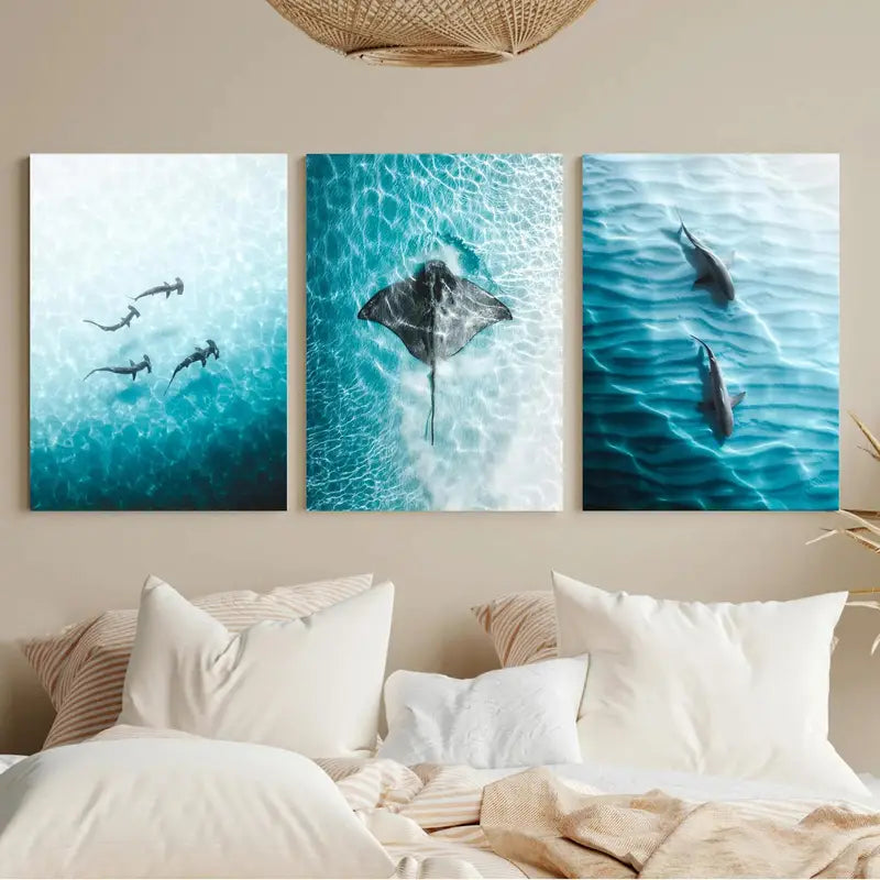 3pcs Turquoise Ocean Dolphins, Rays & Fish Metal Print Ready to Hang Art