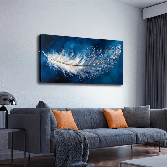 Feather Modern Minimalist Blue Wall Art Canvas Office Home Room Framed 120x60cm