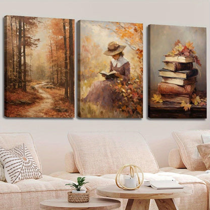 3pcs Rural Cottage Women Books Forests Vintage Autumn Wall Art Set Canvas Framed 40x60cm - High Quality Print 100% Australian Made Wall Canvas Ready to Hang