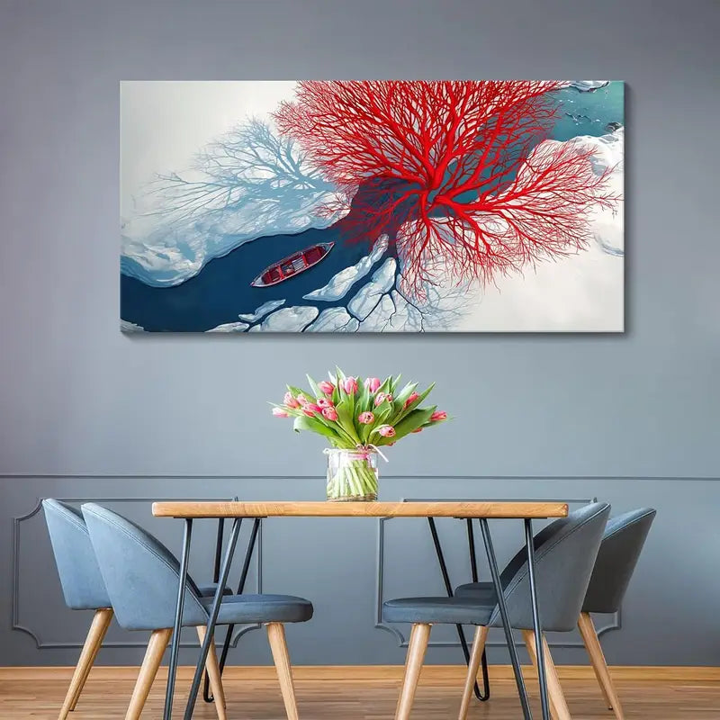 Red Modern Tree Blue River Wall Art canvas office home room framed 120x60cm - Bella Home Decor