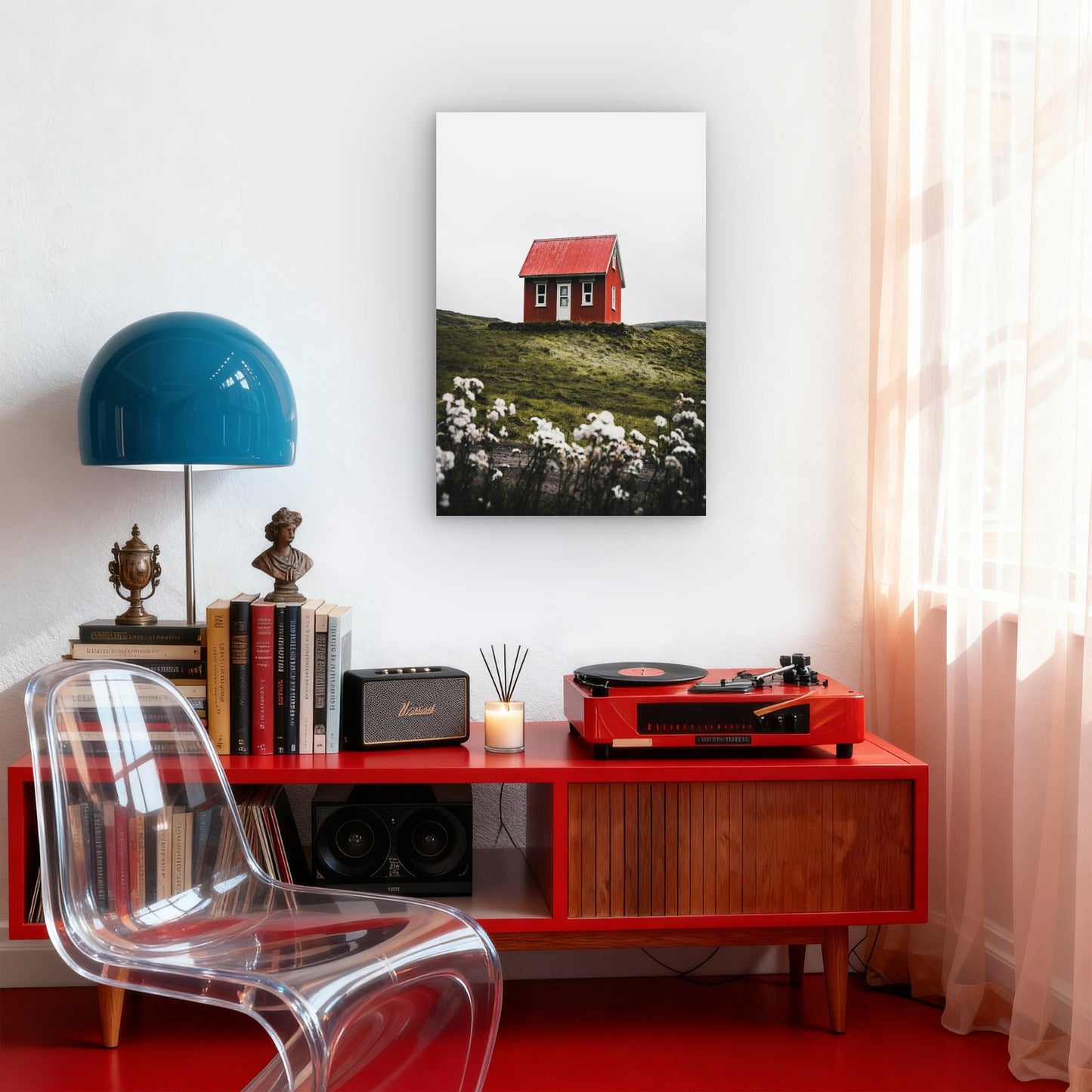 Traditional Red House in Nordic Landscape 60x90cm Metal Print Ready to Hang