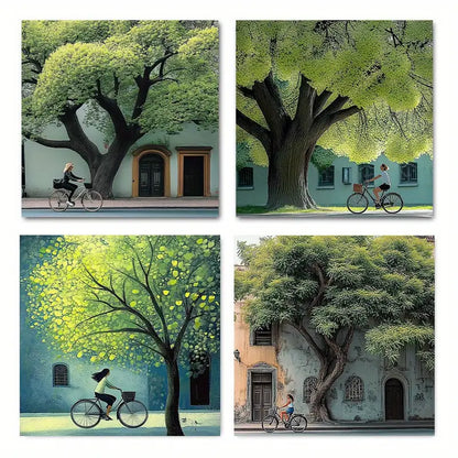 4pcs Bicycle And Tree Picture Wall Art Canvas Framed