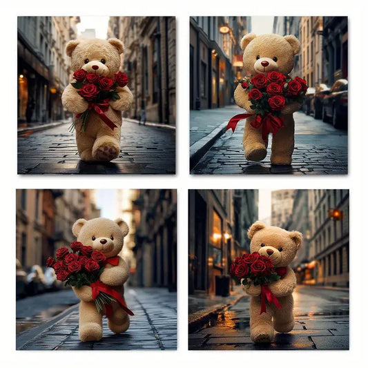 4pcs  Decoration Bear rose hallway tr     Wall Art Canvas Framed