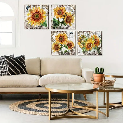 4pcs  Rustic Sunflower  Wall Art Canvas Framed