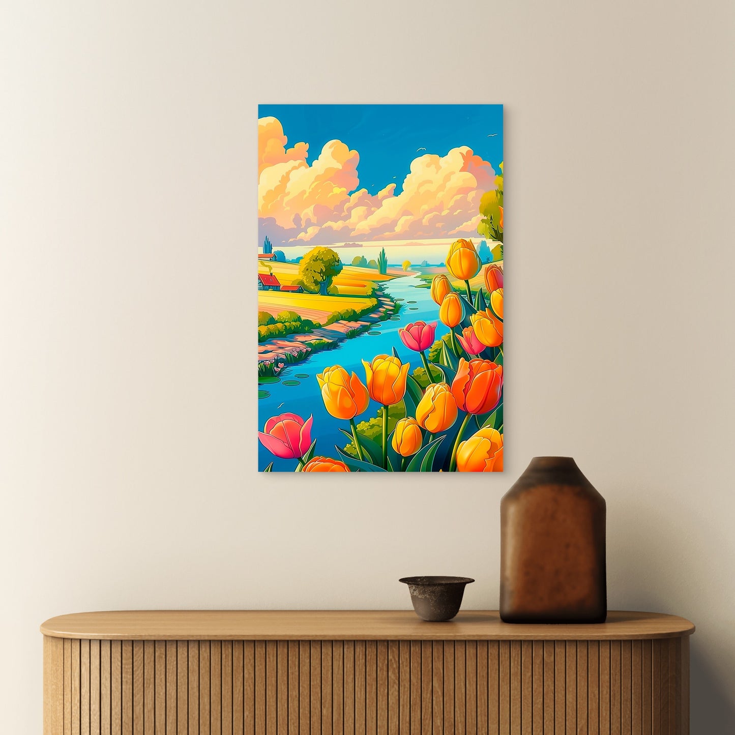 Vibrant Tulip Fields River Dutch Countryside Blue Orange 40x60cm Metal Print Ready to Hang