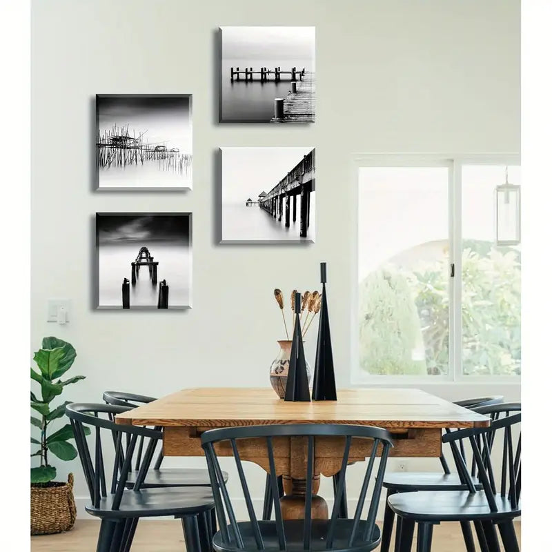 4pcs  Black and White Coastal Beach Wall Art Canvas Framed - Bella Home Decor