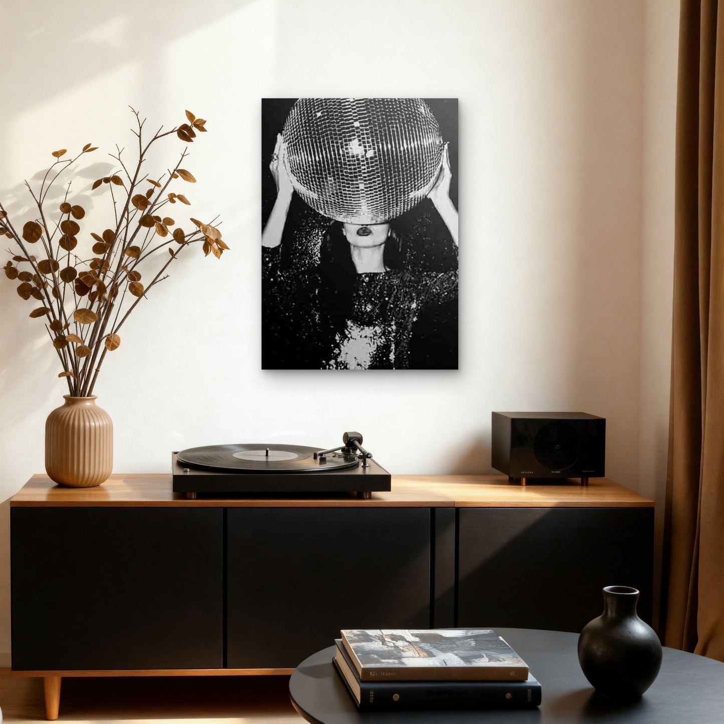 Woman with Disco Ball Head Sequin Dress 60x90cm Metal Print Ready to Hang - Bella Home Decor