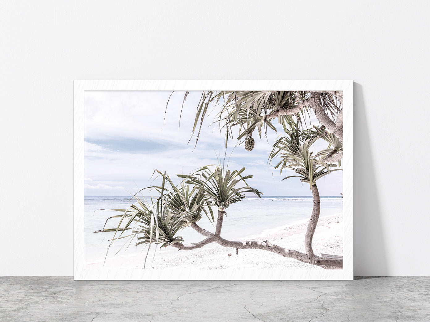 Palms Beach & Blue Sky Faded View Photograph Glass Framed Wall Art, Ready to Hang Quality Print Without White Border White