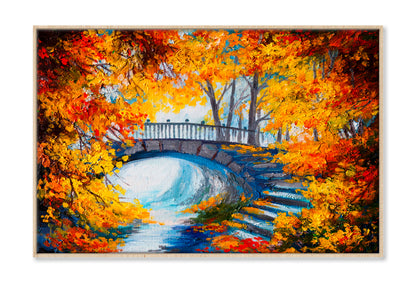 Autumn Forest With A Road & Bridge Oil Painting Limited Edition High Quality Print Canvas Box Framed Natural