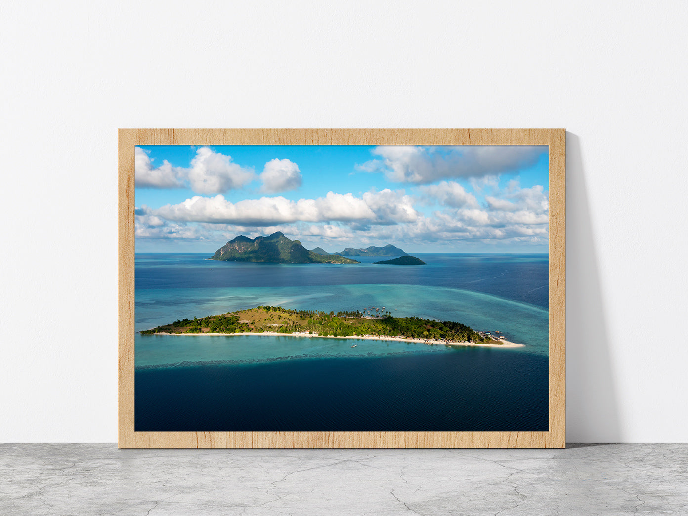 Maiga & Bohey Dulang Island Glass Framed Wall Art, Ready to Hang Quality Print Without White Border Oak