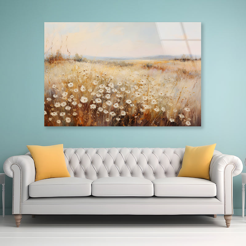 Daisy Field Painting Grassland with a Sky & Clouds Acrylic Glass Print Tempered Glass Wall Art 100% Made in Australia Ready to Hang