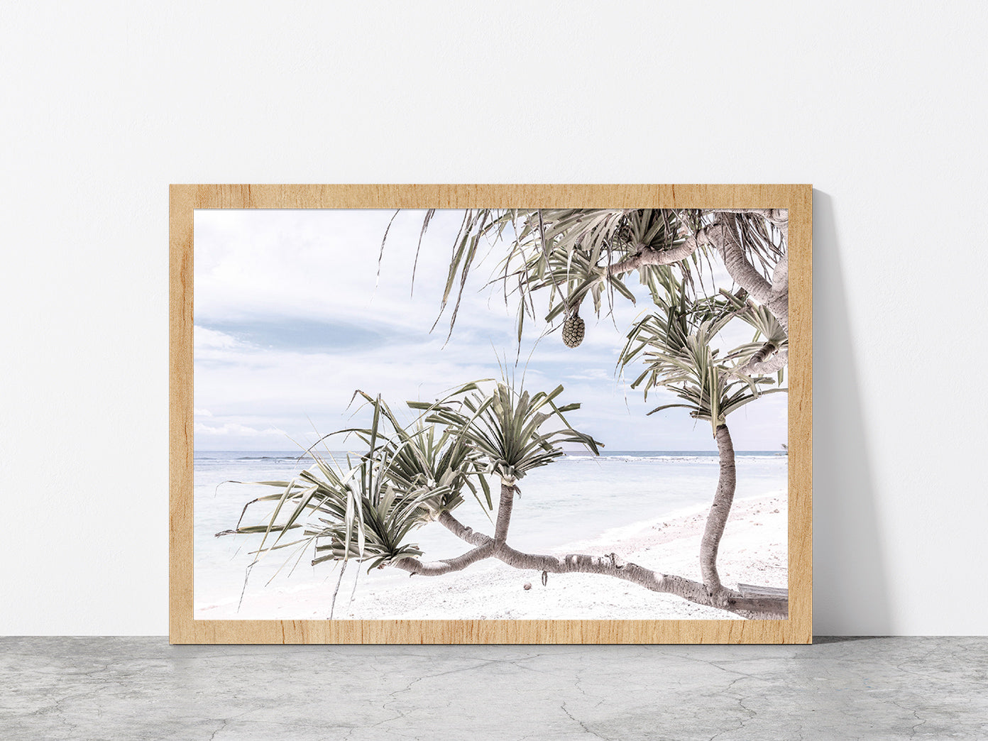 Palms Beach & Blue Sky Faded View Photograph Glass Framed Wall Art, Ready to Hang Quality Print Without White Border Oak