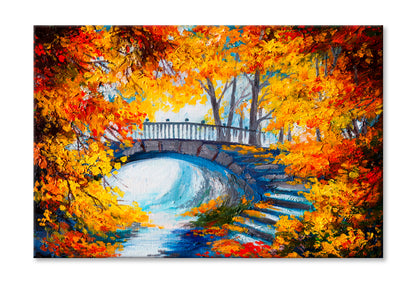 Autumn Forest With A Road & Bridge Oil Painting Limited Edition High Quality Print Stretched Canvas None