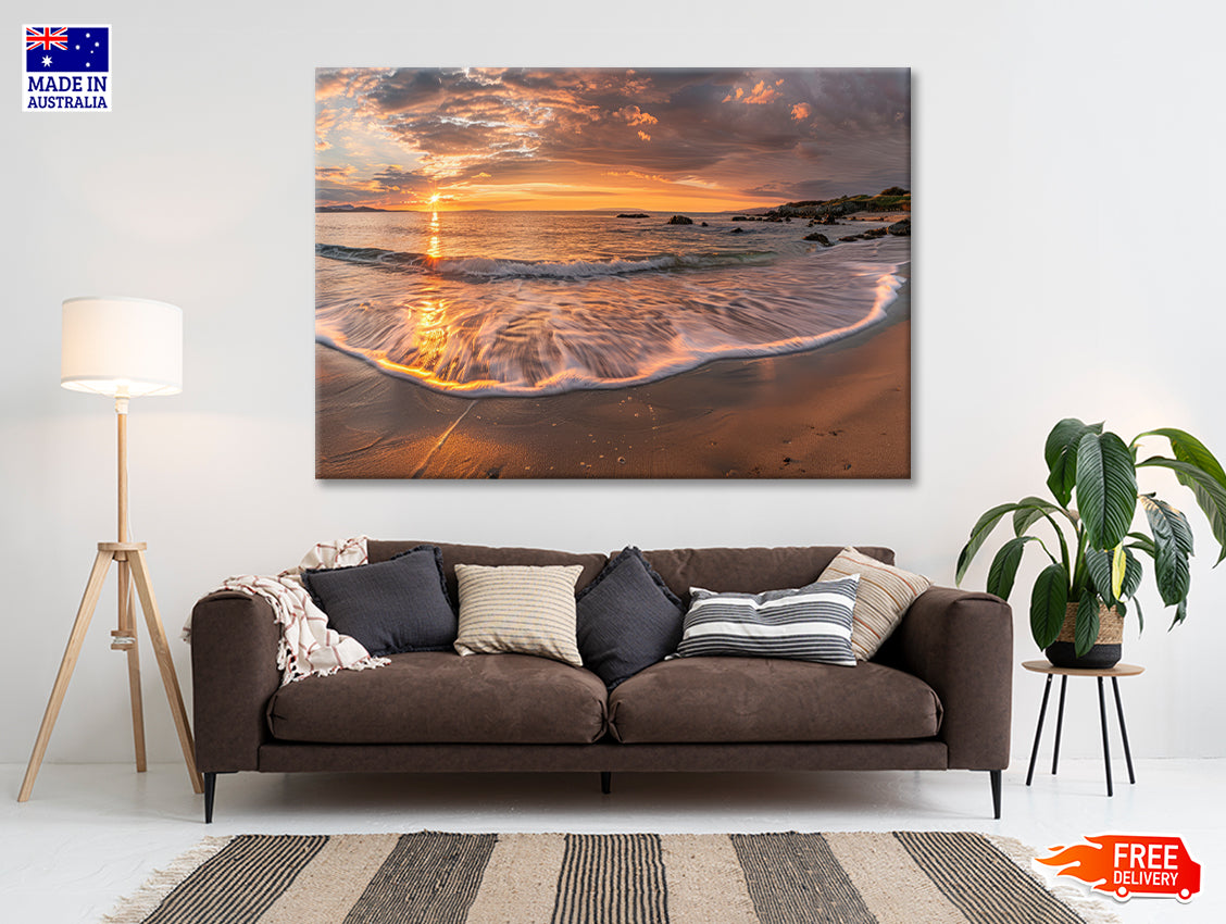 Beach Scene with Waves and a Sunset Print 100% Australian Made - Bella Home Decor