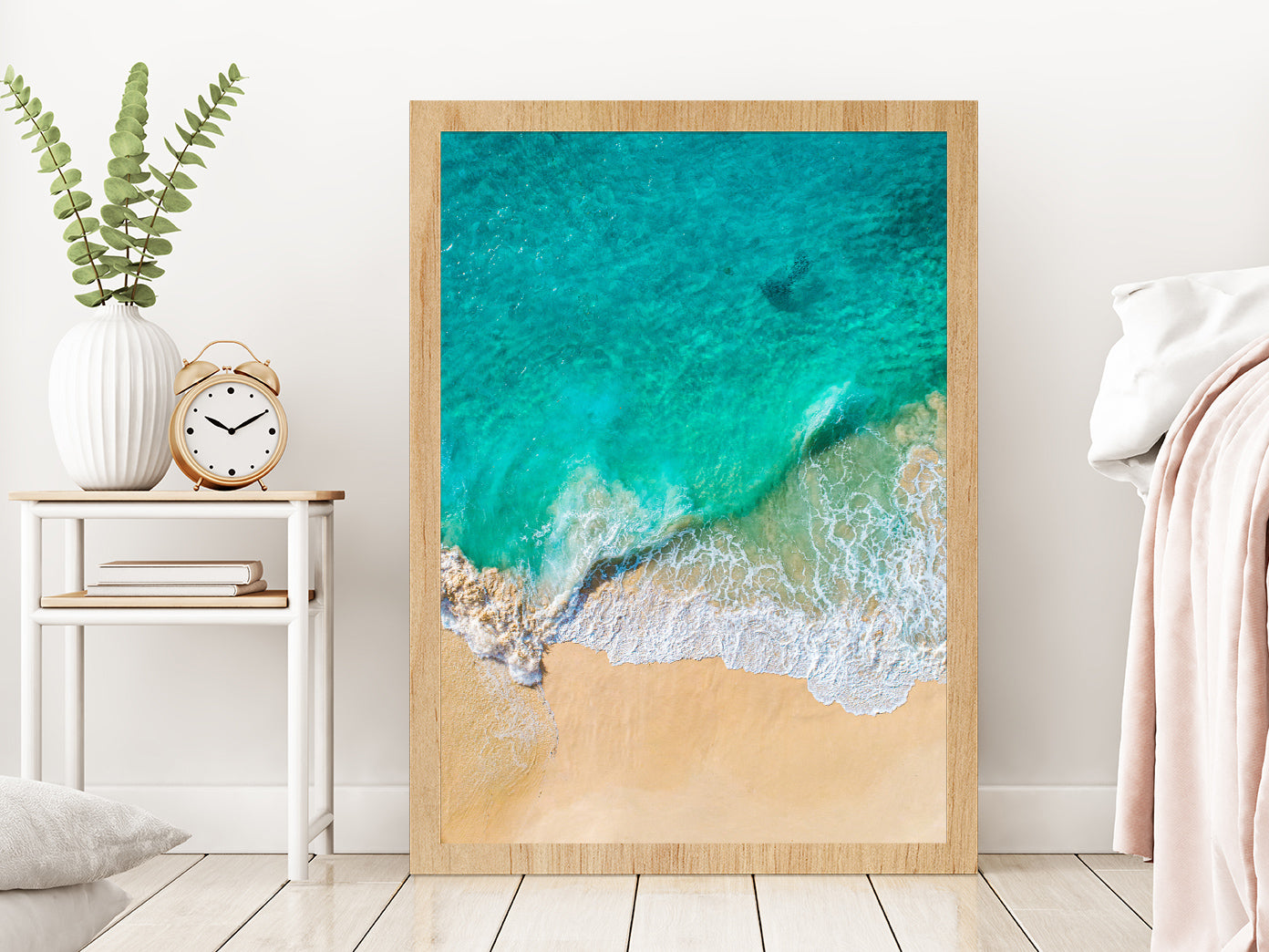 Green Seawaves on Sand Aerial Photograph Glass Framed Wall Art, Ready to Hang Quality Print Without White Border Oak