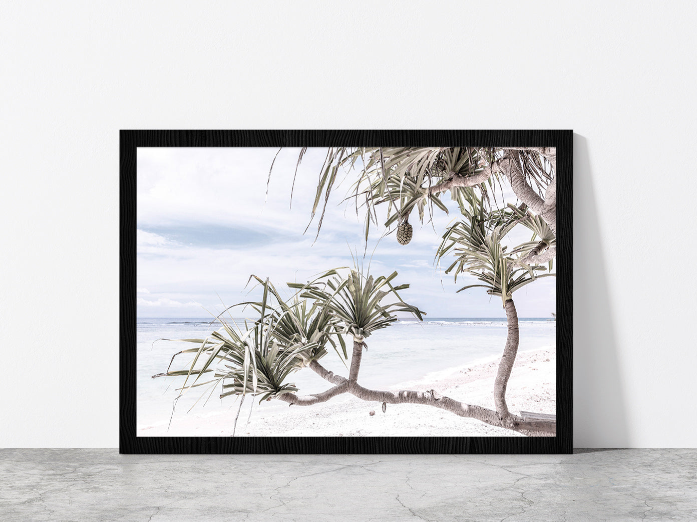 Palms Beach & Blue Sky Faded View Photograph Glass Framed Wall Art, Ready to Hang Quality Print Without White Border Black