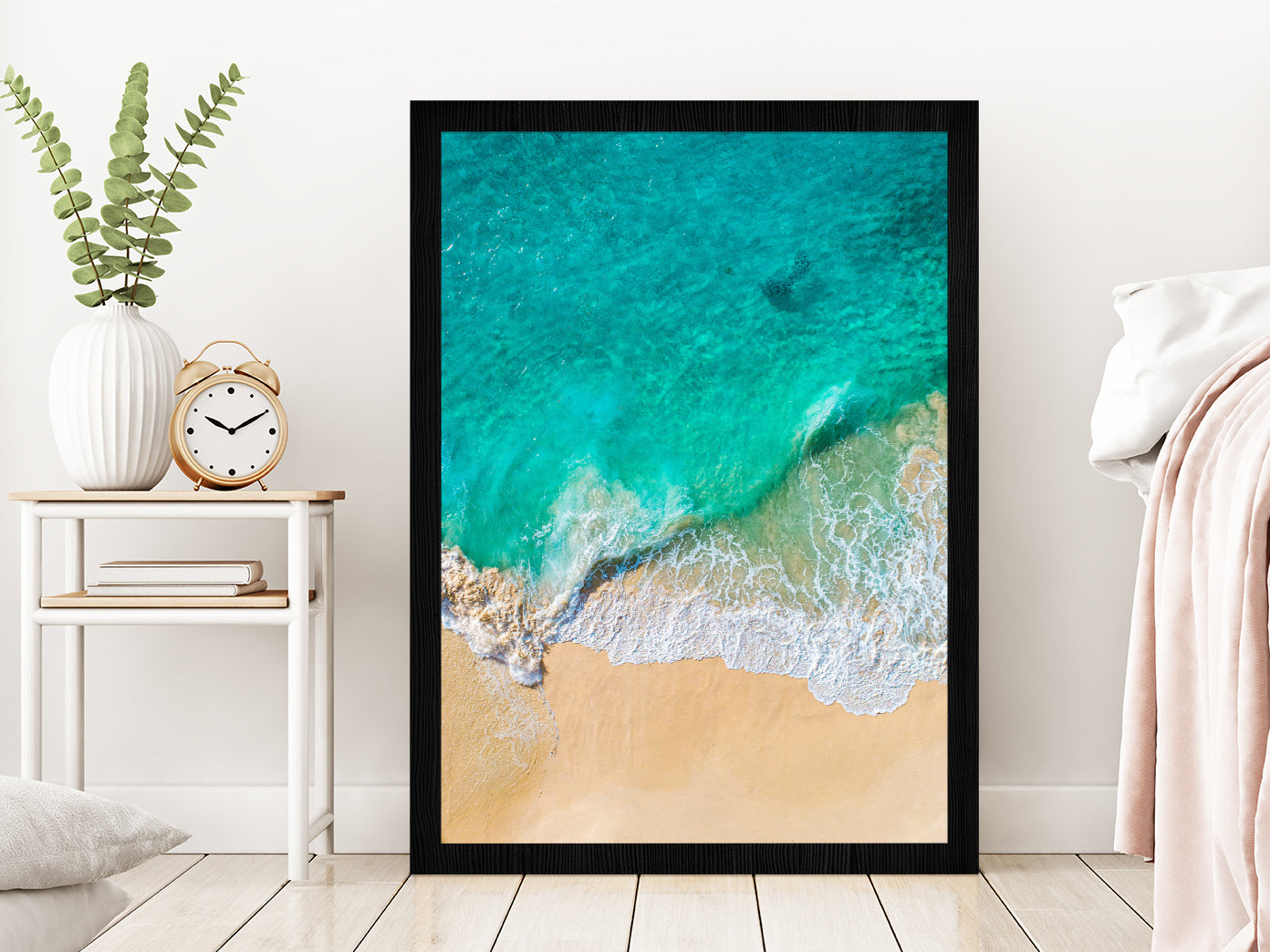 Green Seawaves on Sand Aerial Photograph Glass Framed Wall Art, Ready to Hang Quality Print Without White Border Black