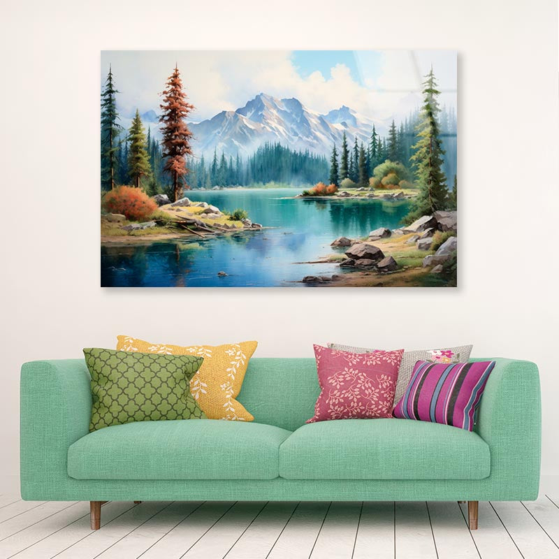 Mountain Lake Is Surrounded by Snow  Acrylic Glass Print Tempered Glass Wall Art 100% Made in Australia Ready to Hang