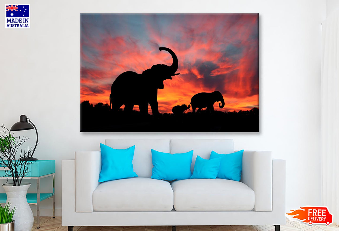 Elephant Family & Sunset Sky View Wall Art Decor 100% Australian Made