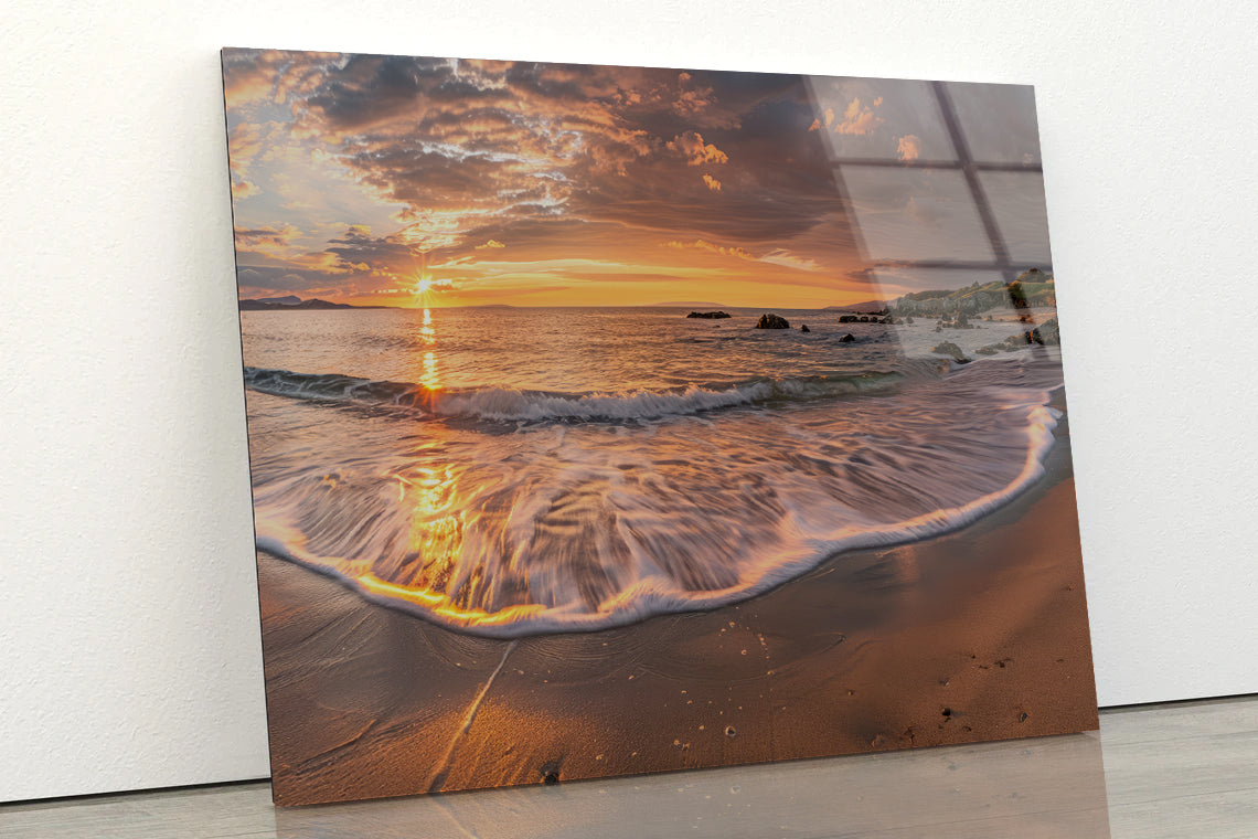 Beach Scene with Waves and a Sunset Acrylic Glass Print Tempered Glass Wall Art 100% Made in Australia Ready to Hang - Bella Home Decor