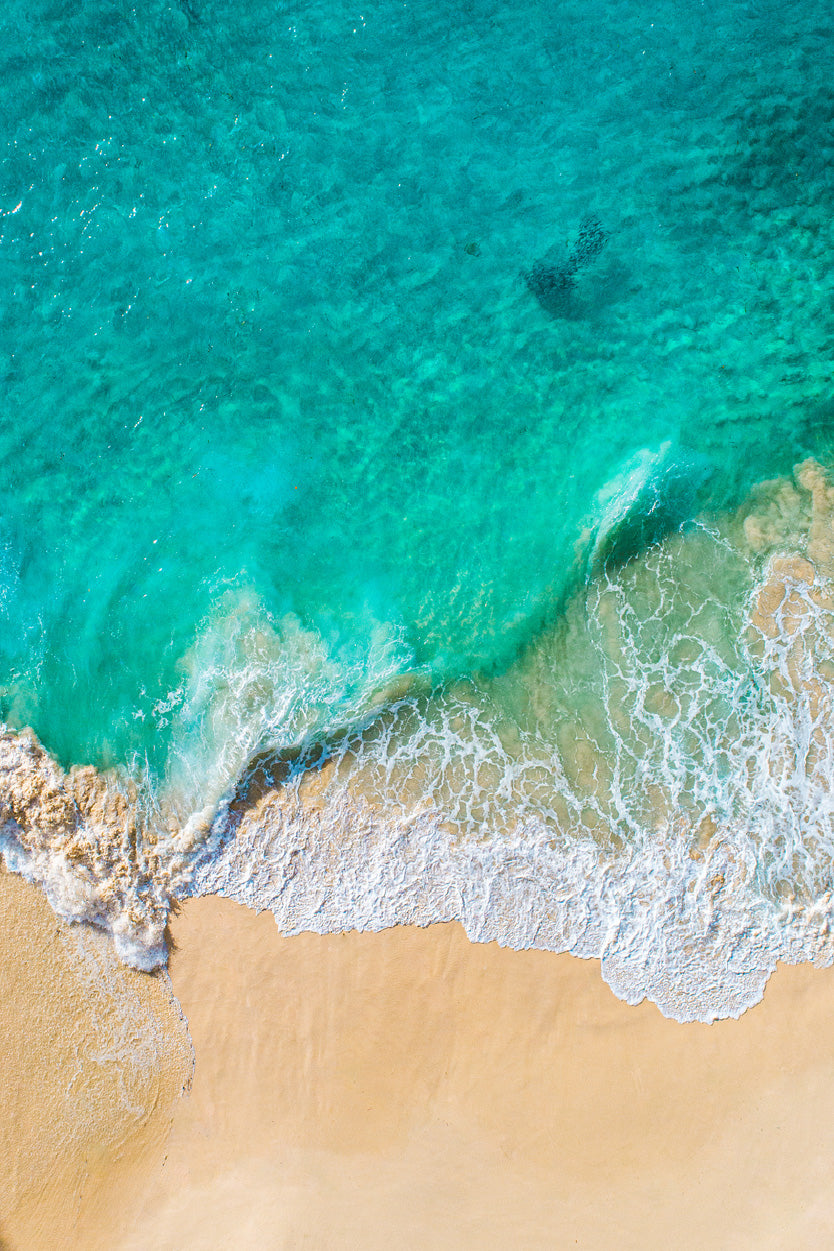 Green Seawaves on Sand Aerial Photograph Glass Framed Wall Art, Ready to Hang Quality Print