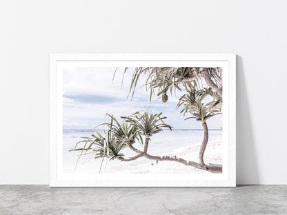 Palms Beach & Blue Sky Faded View Photograph Glass Framed Wall Art, Ready to Hang Quality Print With White Border White