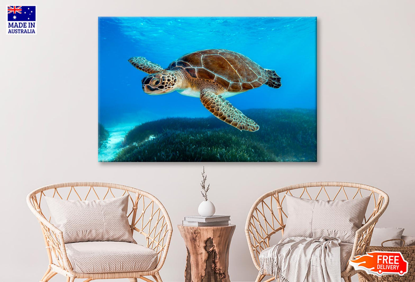 Turtle Swimming in The Ocean with A Lot of Water Wall Art Decor 100% Australian Made