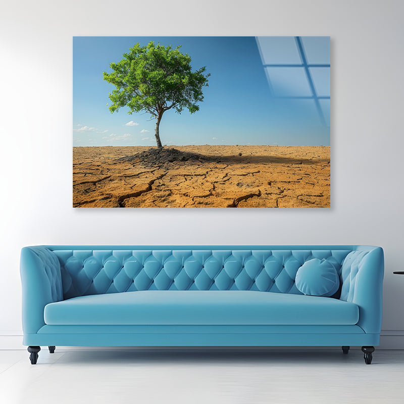 A Tree Is Standing In a Barren Desert Acrylic Glass Print Tempered Glass Wall Art 100% Made in Australia Ready to Hang - Bella Home Decor