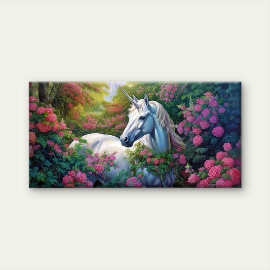 Enchanted White Unicorn Floral Pink Roses Wall Art Canvas Office Home Framed 120x60cm