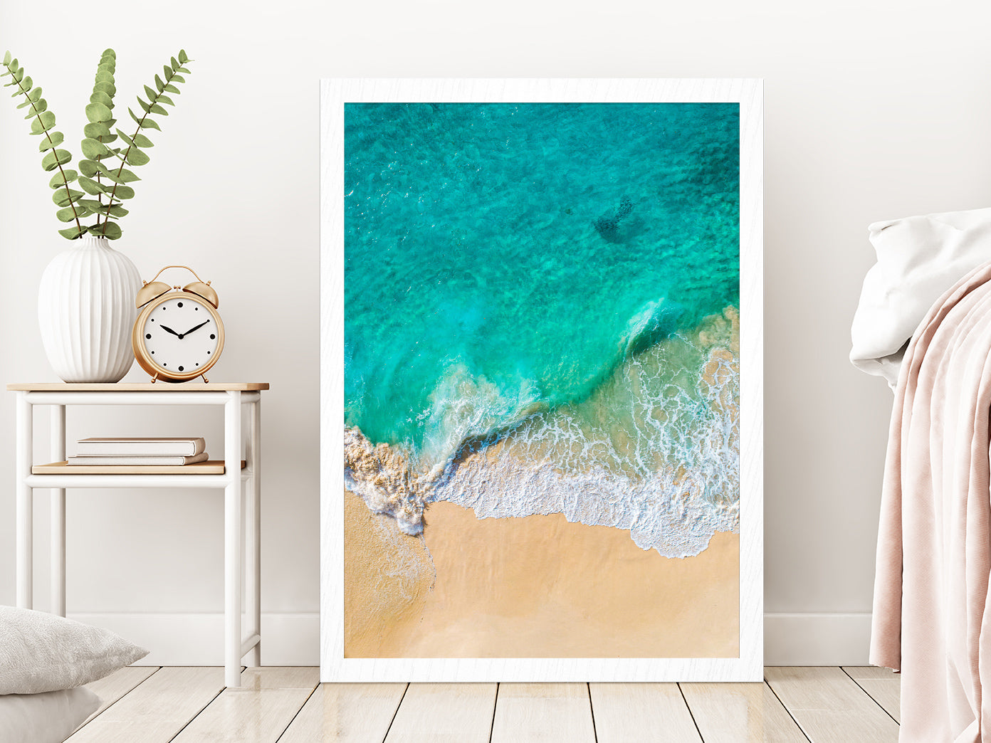 Green Seawaves on Sand Aerial Photograph Glass Framed Wall Art, Ready to Hang Quality Print Without White Border White