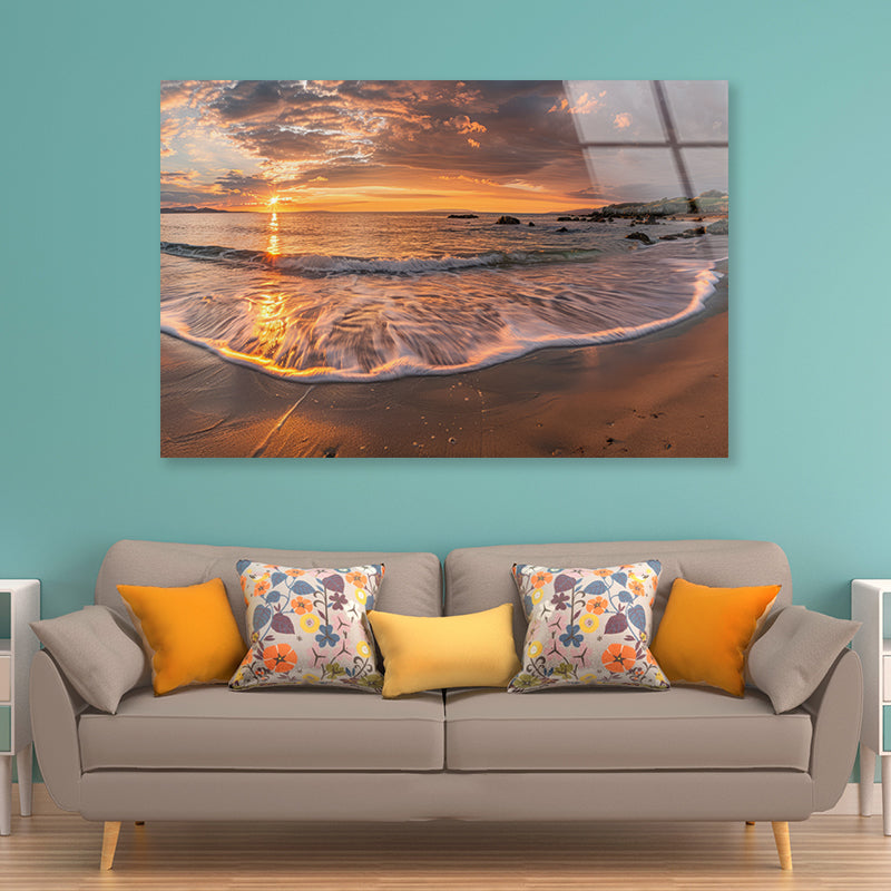 Beach Scene with Waves and a Sunset Acrylic Glass Print Tempered Glass Wall Art 100% Made in Australia Ready to Hang - Bella Home Decor
