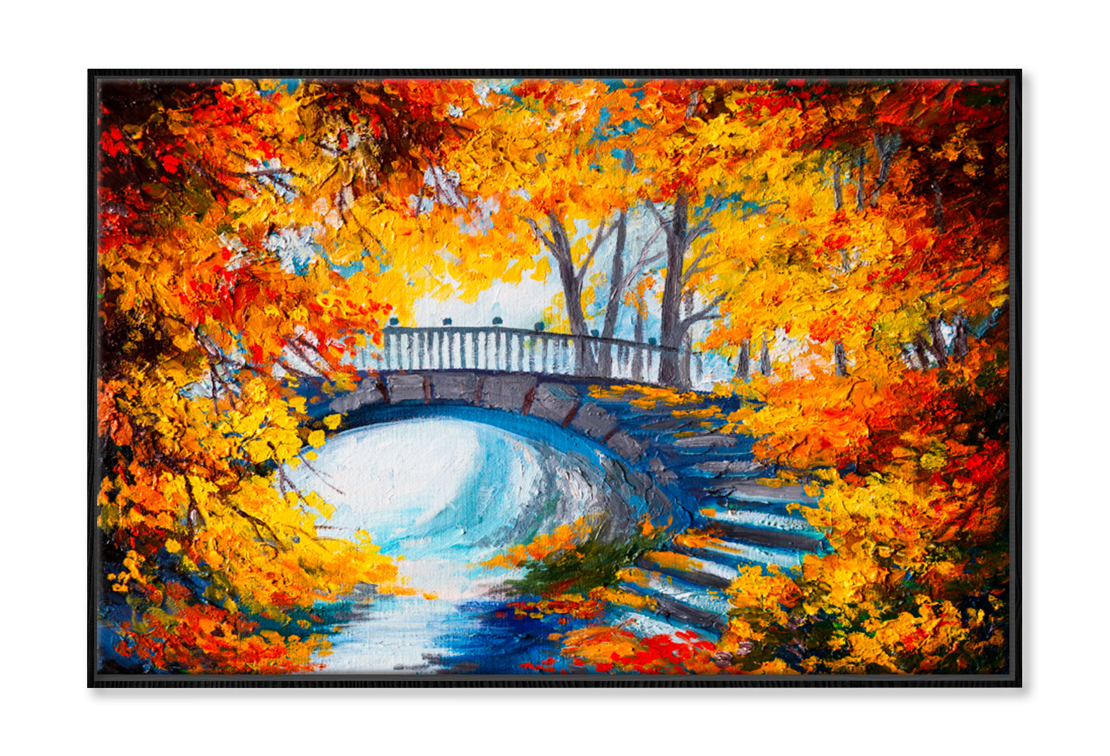 Autumn Forest With A Road & Bridge Oil Painting Limited Edition High Quality Print Canvas Box Framed Black