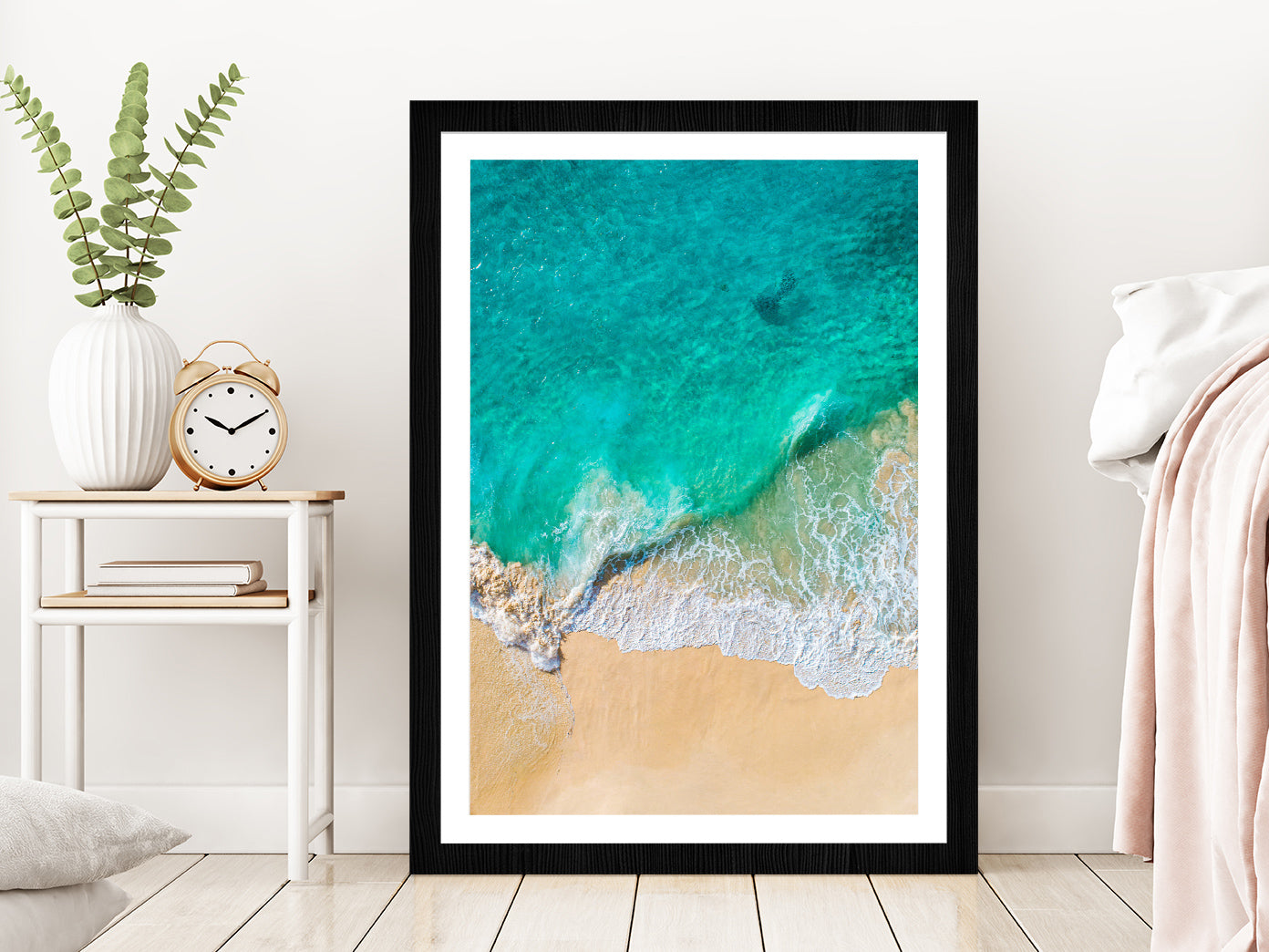 Green Seawaves on Sand Aerial Photograph Glass Framed Wall Art, Ready to Hang Quality Print With White Border Black