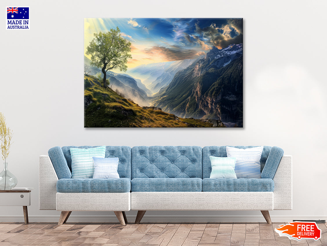 Mountain Range with a Tree Print 100% Australian Made - Bella Home Decor