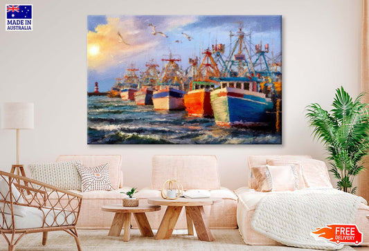 Fishing Boats on Sea Wall Art Limited Edition High Quality Print